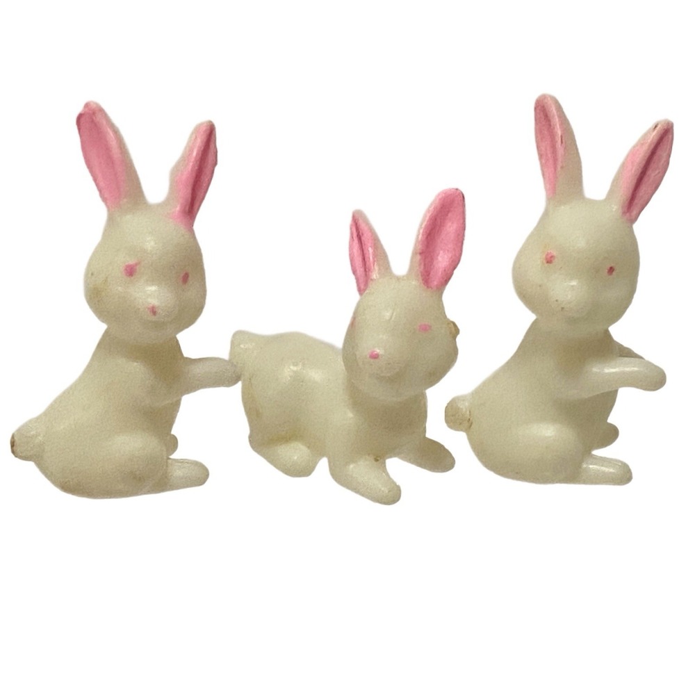 Vintage Miniature White Bunny Rabbit Figurines Pink Ears & Eyes Lot of 3
